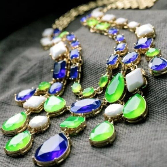 Royal Blue Crystal Rhinestone Statement Gold Collar Necklace - Picture 11 of 12